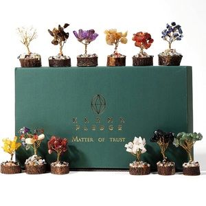 Karma Pledge Set of 12 Handcrafted Healing Chakra Trees with Tumbled Gemstones
